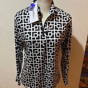 Gottex Black and White Geometric Long-Sleeve Zip Polo